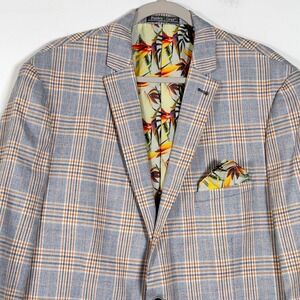 Paisley & Gray Linen Blend SlimFit Blazer Mens Sz 48R Plaid Double Vent 2 Button